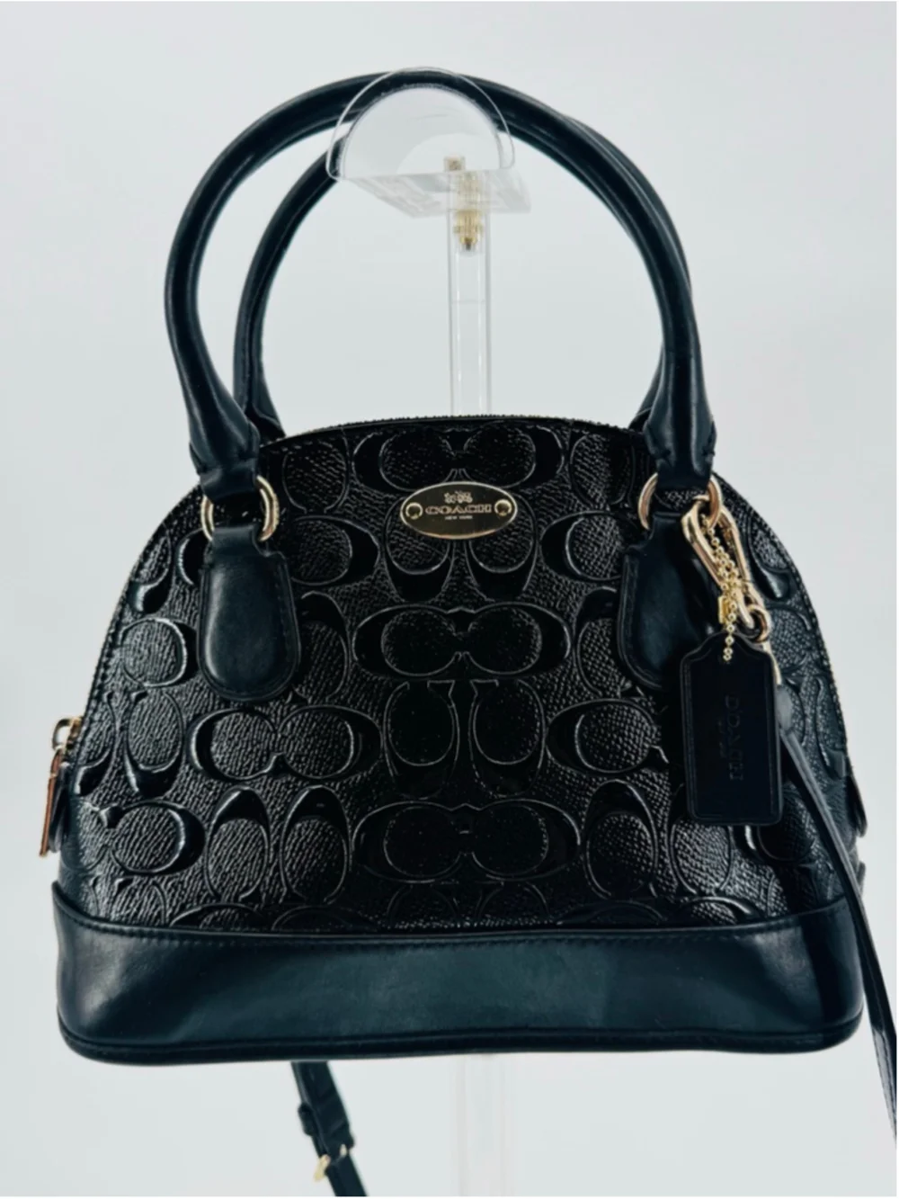 Coach F35279 Sierra Dome Satchel Black Signature Patent Leather Gold